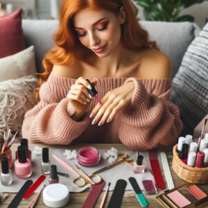 Mulher aplicando esmalte nas unhas em casa